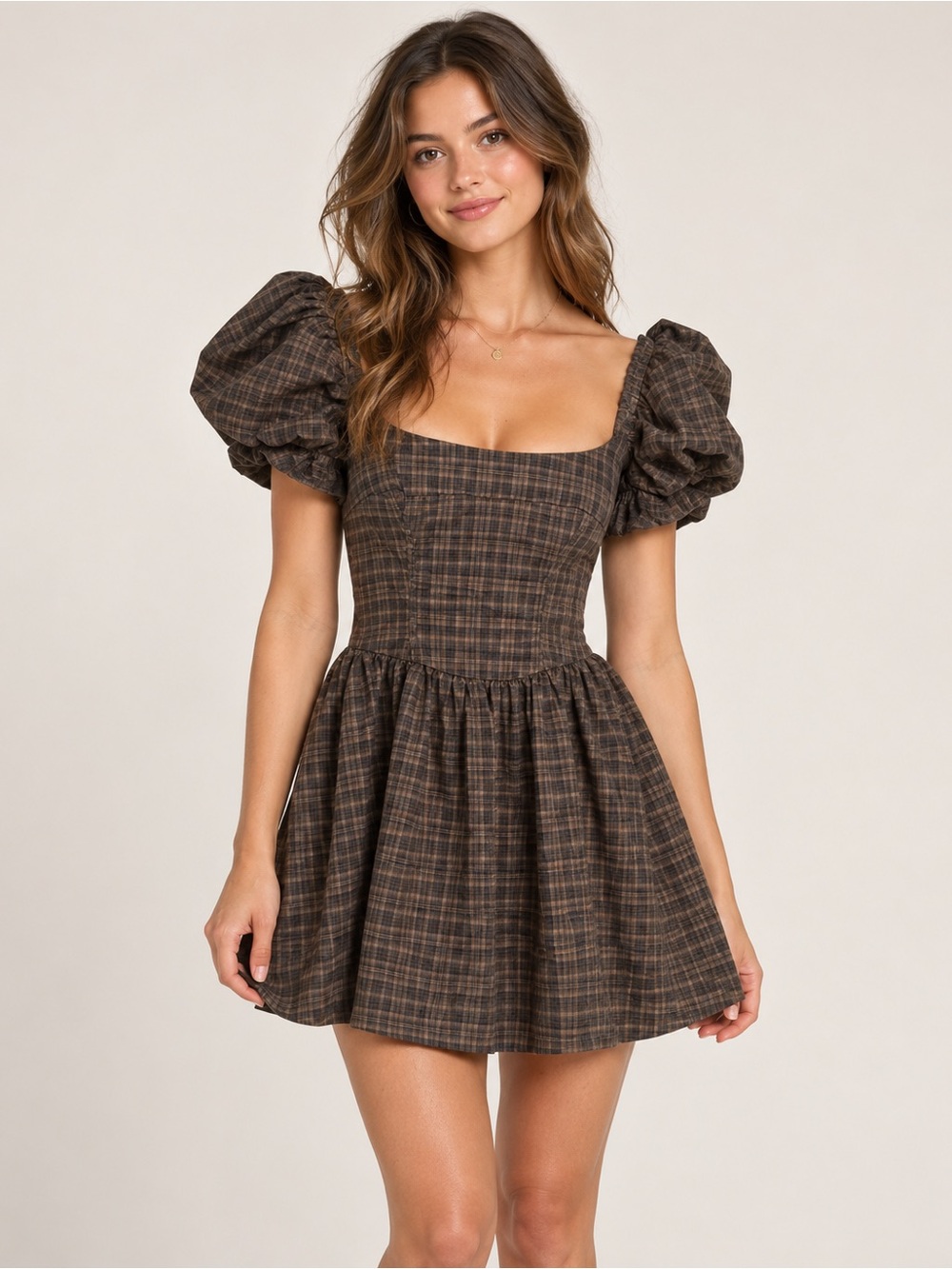 For Love & Lemons Florence Brown Plaid Puff Sleeve Mini Dress Size S